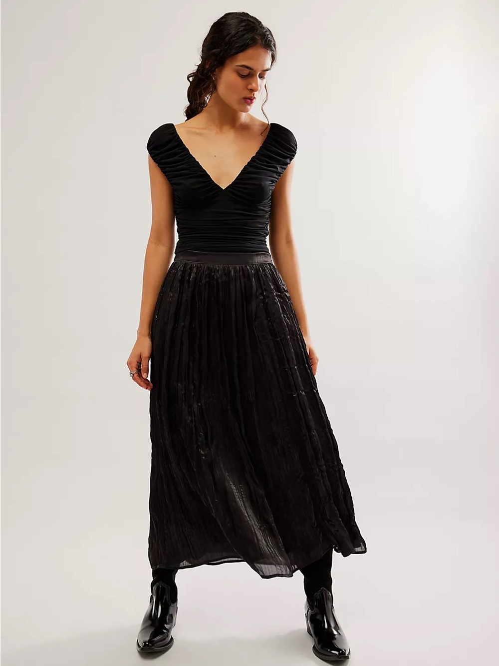 Free People New Vera City Black Pleated Maxi Skirt with Pockets Boho Whimsigoth